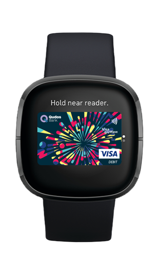 Fitbit Watch with Qudos Bank Card on screen