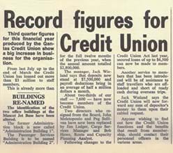 Newspaper article from 1973 with the headline 'Record figures for Credit Union'